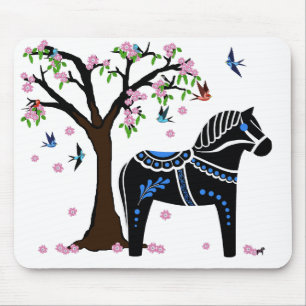 Volks zwart/wit/blauw Dala paard, VolksVogel/bloem Muismat
