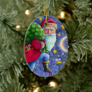 VOLKSAART SINTERKLAAS TIKT OP DAKEN MET ZAK VOL SP KERAMISCH ORNAMENT