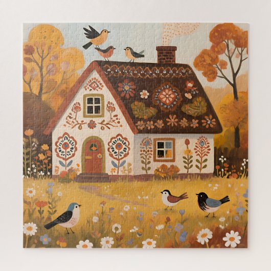 Volkskunst Cottage Vogels Herfst Legpuzzel (Verticaal)