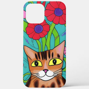Volkskunst grillige kat en bloemen iPhone 12 pro max hoesje