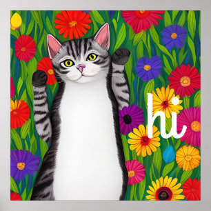 Volkskunst Kleurrijke Kat en Bloemen zeggen Hallo  Poster