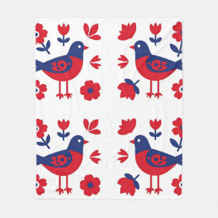 Volkskunst Rood Blauwe Vogel Bloemmotief Fleece Deken