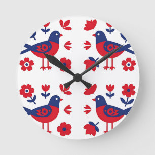 Volkskunst Rood Blauwe Vogel Bloemmotief Ronde Klok