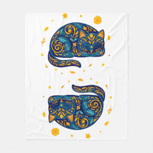 Volkskunst Slaande Kat in Blauw Fleece Deken
