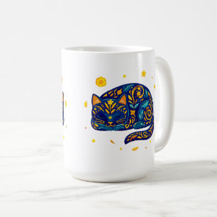 Volkskunst Slaande Kat in Blauw Koffiemok