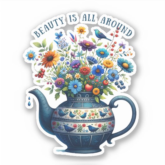 Volkskunst vaas bloemen schoonheid rondom sticker (Voorkant)