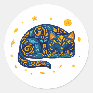 Volkskunstkat in het blauw ronde sticker