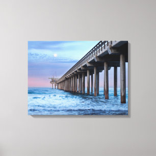 Volle maan boven pier, Californië Canvas Afdruk