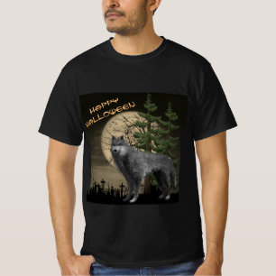 Volle Maan met Grijze Wolf Gelukkig Halloween T-shirt