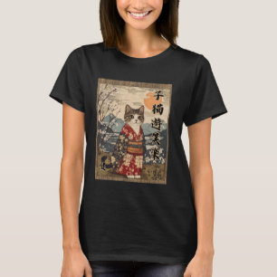 Volle maan Nacht Kat Schattig Kimono Bloemen Kanji T-shirt