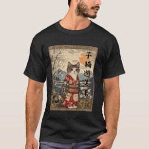 Volle maan Nacht Kat Schattig Kimono Bloemen Kanji T-shirt