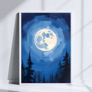 Volle Maan Nachtelijke Bos Waterverfschilderij Poster