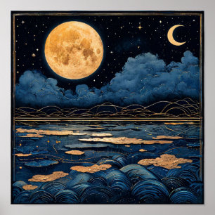 Volle maan Nachtelijke hemel Weerkaatsing Decorati Poster