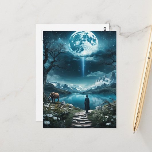 Volle maan olifant en vrouw briefkaart (Voorkant / Achterkant in situ)