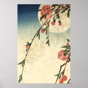 Volle Maan Roze Bloemen Kunst Poster