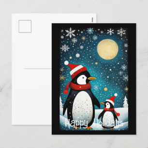 Volle Maan Sneeuwrijke Winter Santa Pinguïn Kerstm Feestdagenkaart