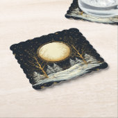 Volle Maan Winter Dennenboom Bos Sneeuwvlokken Kartonnen Onderzetters (Gebogen)