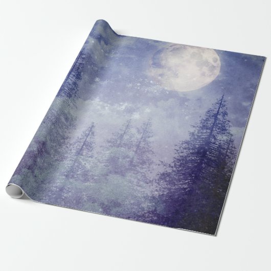 Volle Maan Winter Pine Tree Bos Cadeaupapier (Uitgerold)
