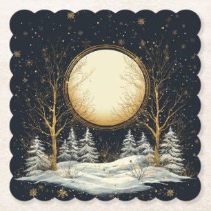 Volle Maan Winter Pine Tree Forest Snowflakes Kartonnen Onderzetters