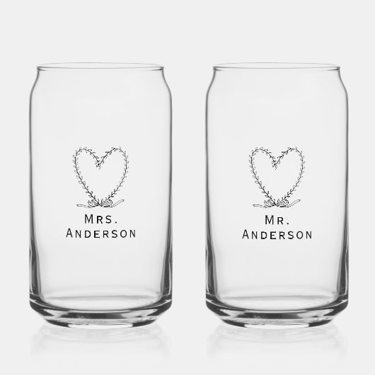 Volledig aanpasbare Mr en Mrs hart bloemig Blikvorm Glas (Voorkant)