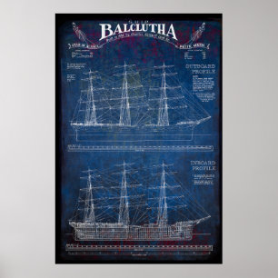 Volledig opgetuigd zeilschip BALCLUTHA Blauwdruk 1 Poster