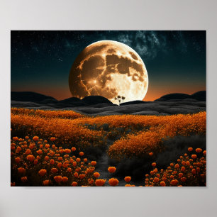 Volledig Oranje Moon-veld van bloemen Poster