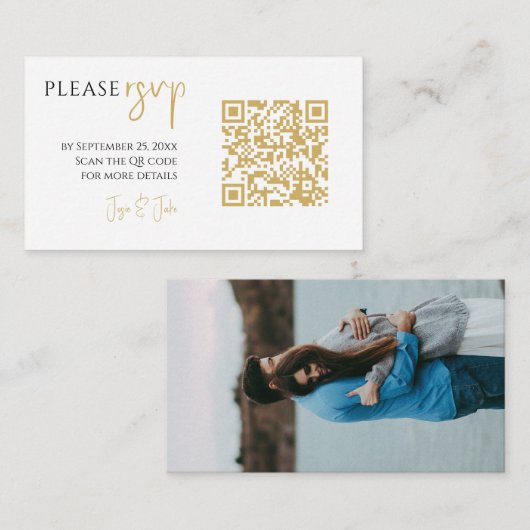 Volledige foto, gouden QR code witte bruiloft RSVP Informatiekaartje (Voorkant / Achterkant)