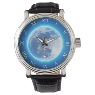Volledige maan, blauwe gloed horloge