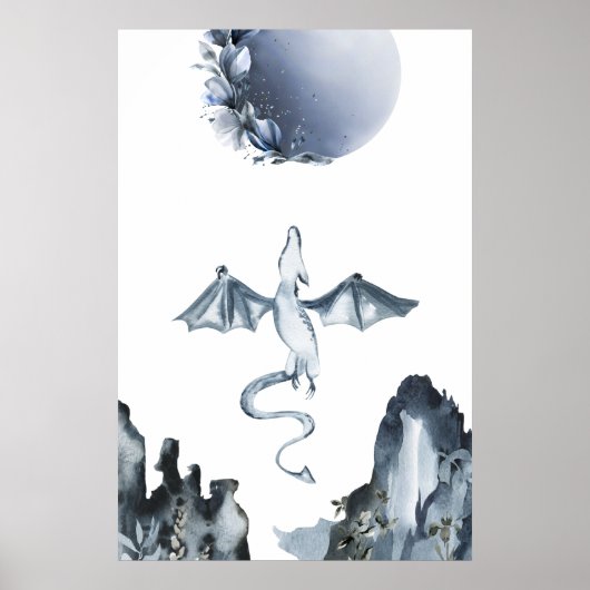 Volledige maan en Dragon Dusty Blue Poster (Voorkant)