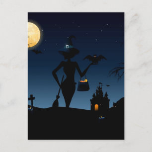 Volledige maan, heks met een kamer en een diamant briefkaart