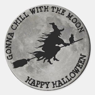 VOLLEDIGE MAAN HEKS OP BEZEM Halloween Witch BUTTO Ronde Sticker