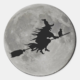 VOLLEDIGE MAAN HEKS OP BEZEM Halloween Witch BUTTO Ronde Sticker