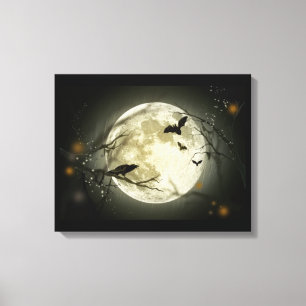 Volledige maan met vleermuizen en Raven. Canvas Afdruk