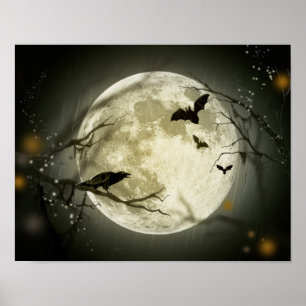 Volledige maan met vleermuizen en Raven Poster