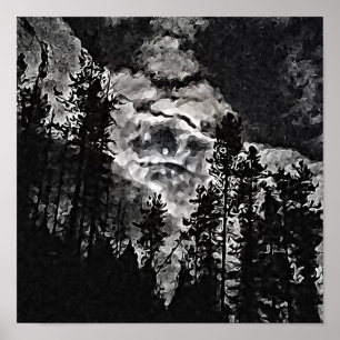 Volledige maan op een troebele nachtelijke Abstrac Poster