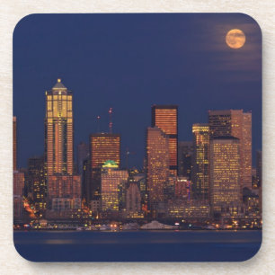 Volledige maan over de skyline van Seattle Bier Onderzetter