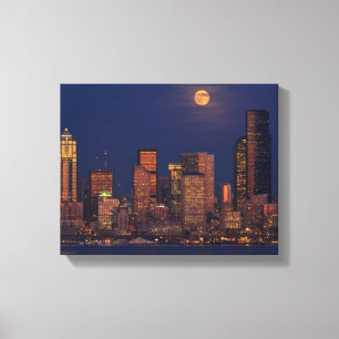 Volledige maan over de skyline van Seattle Canvas Afdruk
