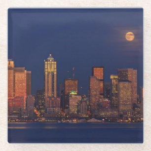 Volledige maan over de skyline van Seattle Glazen Onderzetter