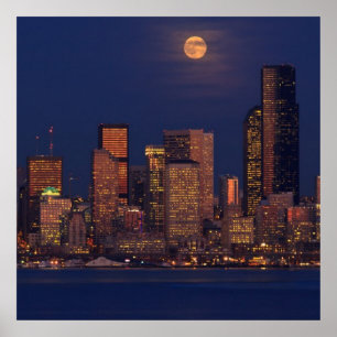 Volledige maan over de skyline van Seattle Poster