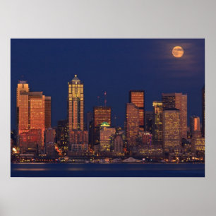 Volledige maan over de skyline van Seattle Poster