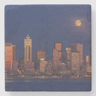 Volledige maan over de skyline van Seattle Stenen Onderzetter