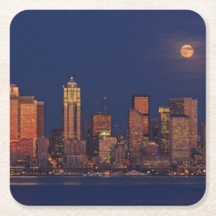 Volledige maan over de skyline van Seattle Vierkante Kartonnen Onderzetter