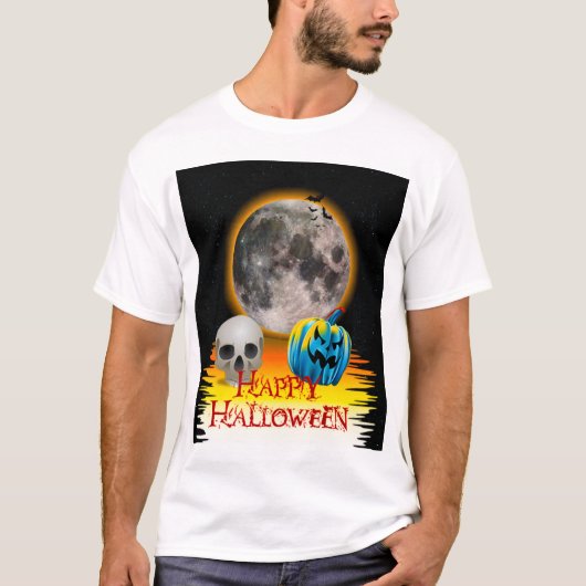 Volledige maan, schedel en blauwe pompoen bij nach t-shirt (Voorkant)