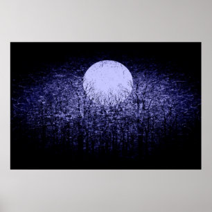 Volledige maan tijdens winternacht Zwart-wit art Poster