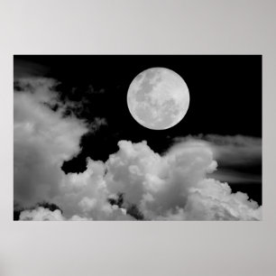 VOLLEDIGE MOON CLOUDS BLACK EN WHITE POSTER