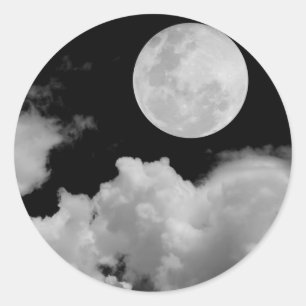 VOLLEDIGE MOON CLOUDS BLACK EN WHITE RONDE STICKER