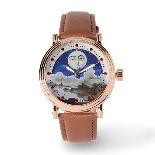 VOLLEDIGE MOON STARS EN NACHTLANDSCHAP, ANTIEK TIJ HORLOGE (Voorkant)