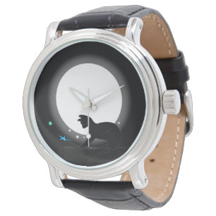 Volledige zwarte maan kat en sterren horloge
