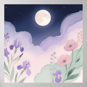 Vollemaanswaterverf Iris Bloemennacht Poster