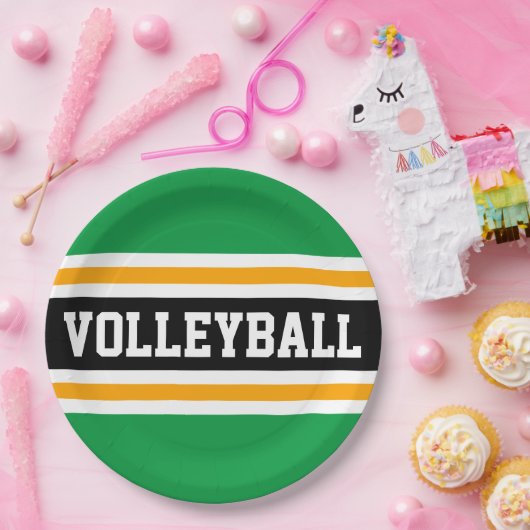 VOLLEYBAL Fun Helder Groen Zwart Geel Strepen Papieren Bordje (Feest)